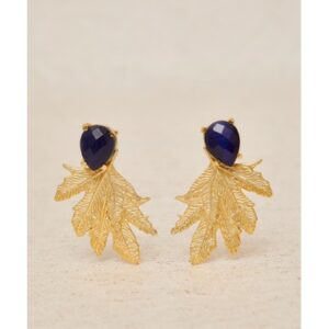Pendientes hoja labrada latón baño de oro y piedra azul noche LATIDO