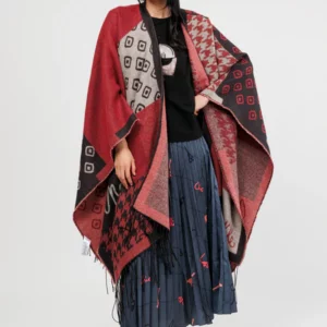 PONCHO CON FLECOS AZUL BURDEOS Y BEIGE ANEKKE